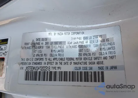 2010 Mazda Cx-9 Sport z USA, uszkodzony, nr VIN JM3TB3MV0A0200318